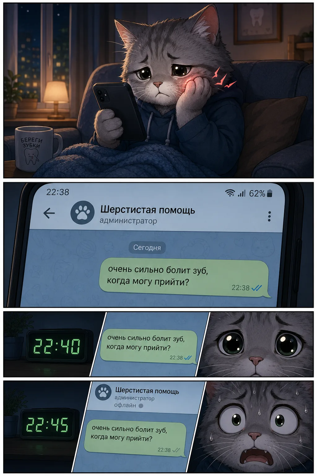 Пациент с острой зубной болью пишет в чат клиники в 22:38, 22:40 и 22:45 — ответа нет